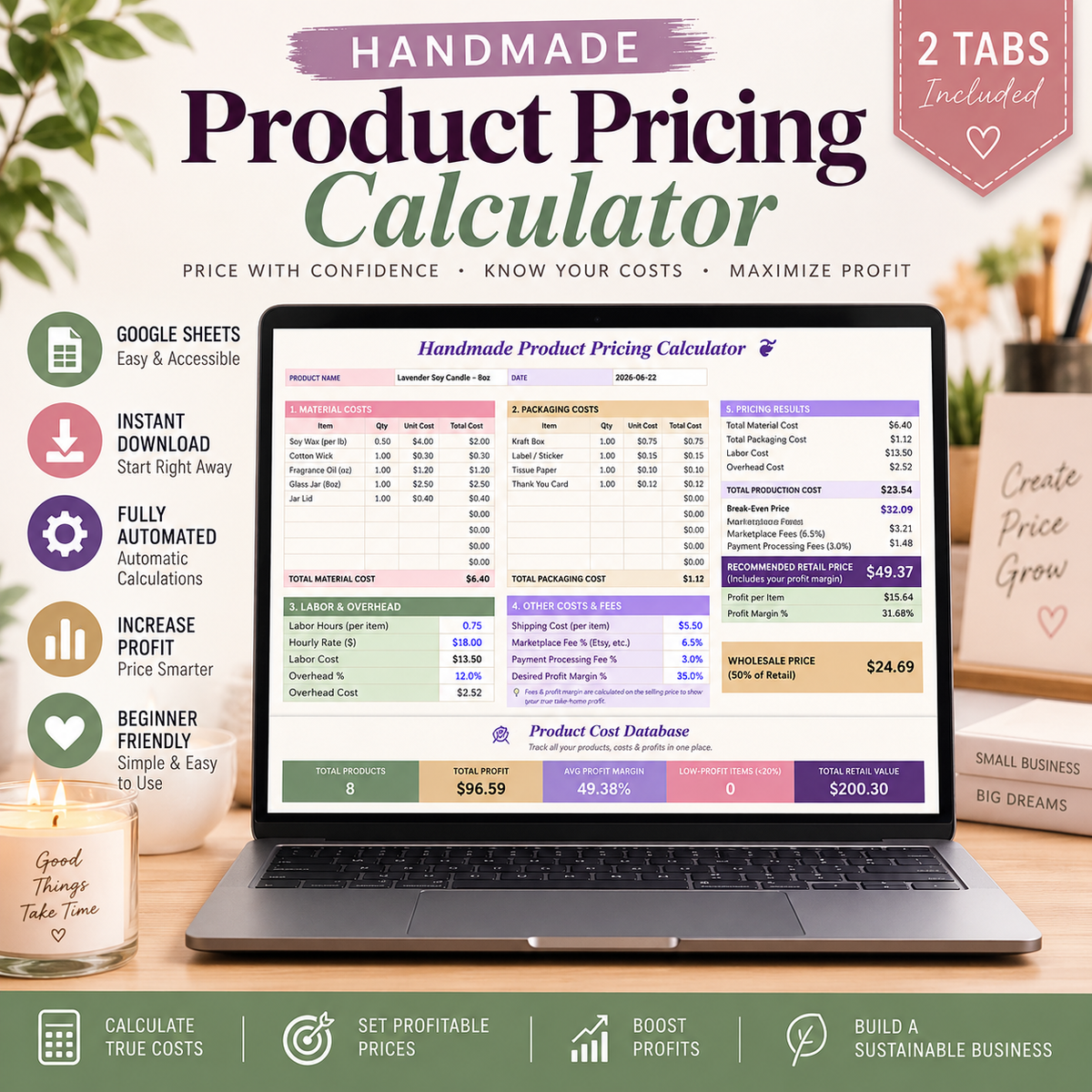 Handmade Product Pricing Calculator | Google Sheets Pricing & Profit Tracker