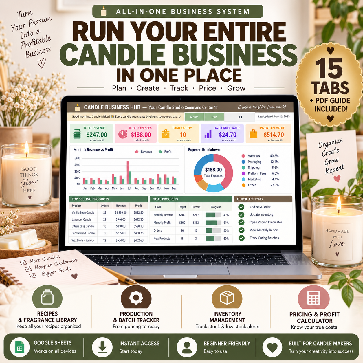 Candle Business Hub | 15-Tab Google Sheets Business Tracker