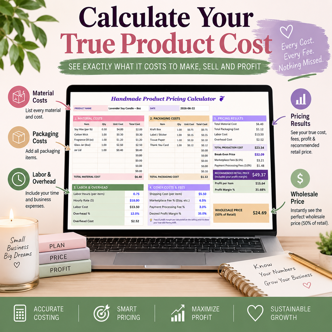 Handmade Product Pricing Calculator | Google Sheets Pricing & Profit Tracker